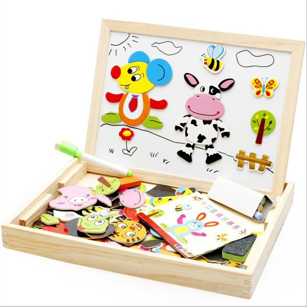 Wooden Magnetic Puzzle Toys Children 3D Puzzle Box +  Drawing Board