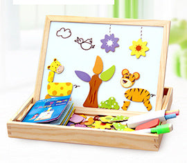 Wooden Magnetic Puzzle Toys Children 3D Puzzle Box +  Drawing Board