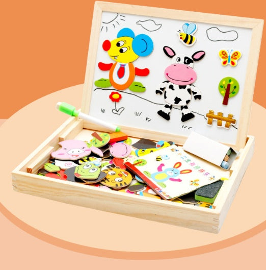 Wooden Magnetic Puzzle Toys Children 3D Puzzle Box +  Drawing Board